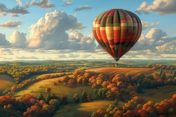 Naklejka premium A colorful hot air balloon drifting gracefully over a patchwork landscape of fields and forests.