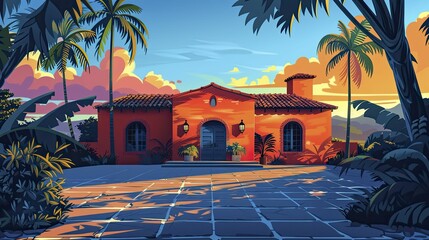 Sunrise over a Mexican hacienda, casting long shadows and promising celebrations, illustration style, in straight front portrait minimal. - obrazy, fototapety, plakaty