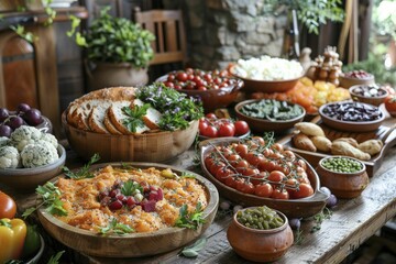 Fototapeta premium Rustic European village feast table set with dishes from EU countries, community and diversity theme, in warm, inviting daylight style.