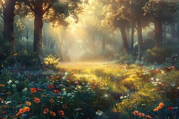 A serene forest clearing bathed in golden sunlight, with vibrant wildflowers carpeting the ground.