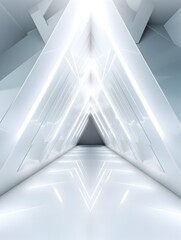 Futuristic Triangular Corridor in Bright White Light and Minimalist Architectural Design