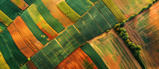 A bird's-eye view of agricultural fields in harvest season, with patterns of golden and green crops creating a patchwork effect. , background
