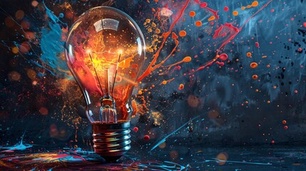 a bursting light bulb splattered with vibrant paint on a dark backdrop, symbolizing unconventional creativity - obrazy, fototapety, plakaty