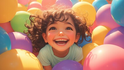 A cute little girl smiles while playing in the ball pit at an indoor playground, surrounded by colorful balls of various sizes and colors.