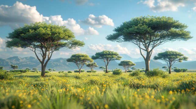 An image of a vast grassy plain in Africa with large, flat-topped acacia trees.