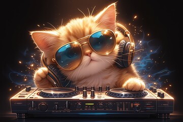 A cute orange cat with headphones and colorful sunglasses, playing on DJ equipment in the style of a DJ, black background