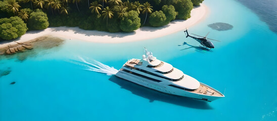 A Yacht is floating in the water near a sandy beach on a sunny day. Helicopter and yacht travel...