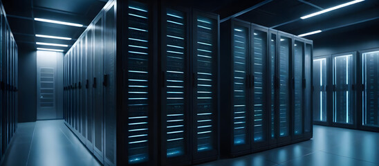 A row of servers neatly aligned in a server room, with blinking lights indicating activity and data processing