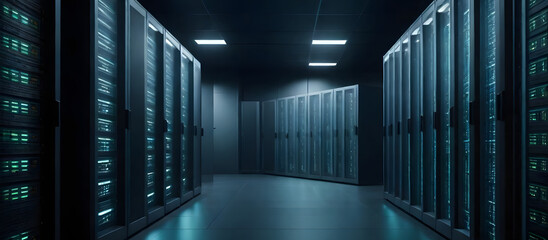 A vast room filled with neatly arranged rows of servers with blinking lights, cables connecting the machines, and cooling systems humming in the background