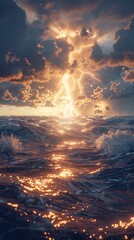 A single lightning bolt strikes the ocean during a storm. - obrazy, fototapety, plakaty