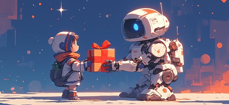 A cute robot carrying out the task of giving gifts, with a gift box tied with a red ribbon 