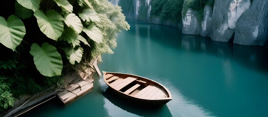 A small boat peacefully floating on a body of water, reflecting the sky and nearby surroundings