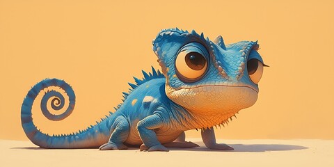 A cute chameleon with big eyes and a happy expression standing on the ground against a desert background - obrazy, fototapety, plakaty