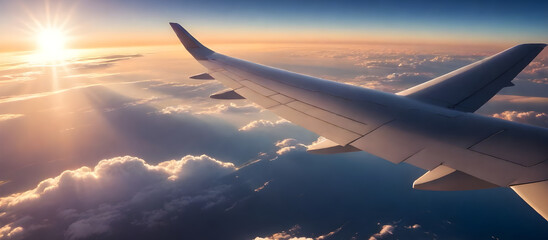 A clear view of the wing of an airplane as it soars through the sky, showcasing the aerodynamic...