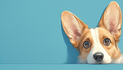 A cute dog is peeking out from behind the edge of an empty blue wall, with only its head and ears visible, looking at the camera. - obrazy, fototapety, plakaty