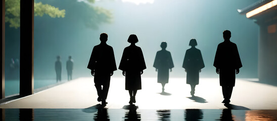 A silhouette of individuals walking in a line down a city street illuminated by streetlights at night