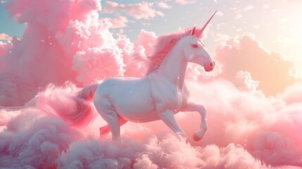 A majestic unicorn with a pink mane and tail stands on a bed of pink clouds.