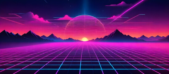 Synthwave retro cyberpunk style landscape background banner or wallpaper. Bright neon pink and purple colors - obrazy, fototapety, plakaty