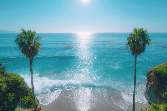 A beautiful view of the ocean in Malibu, with palm trees and blue water, on a sunny day, shot from above in the style of hyper realistic photography. Created with Ai