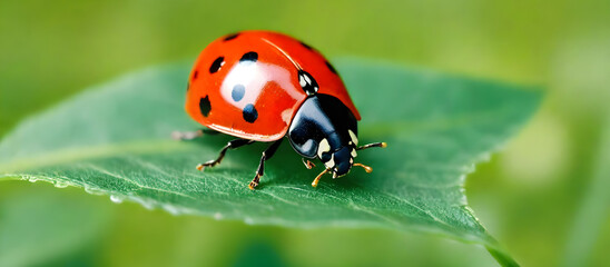 A bright red ladybug perched on a vibrant green leaf, showcasing the intricate beauty of nature up close