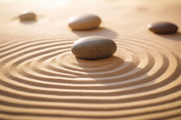 Fototapeta na wymiar stone balance and nature light background. zen garden concept for cosmetic and product presentation.