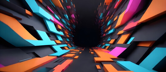 Abstract tunnel composed of vibrant blocks of various colors. Geometric abstract background wallpaper