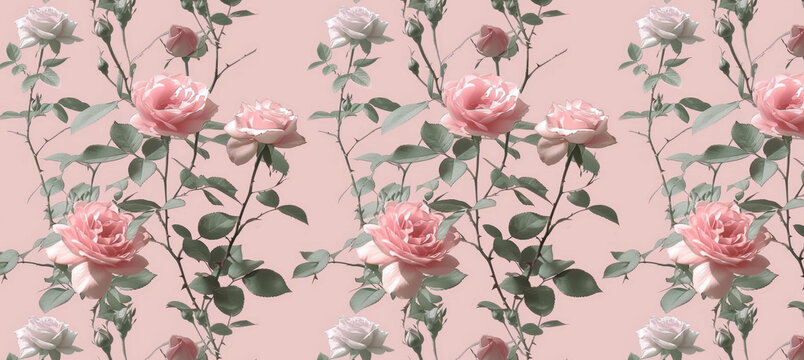 Seamless pattern banner of pink roses over pink background.