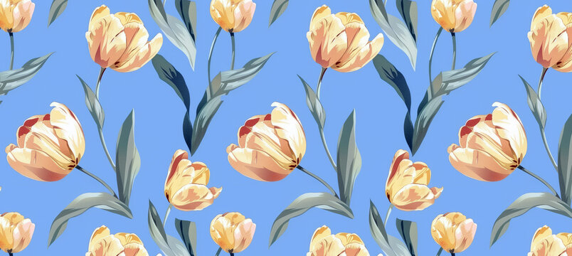Seamless pattern banner of yellow tulips over blue background.