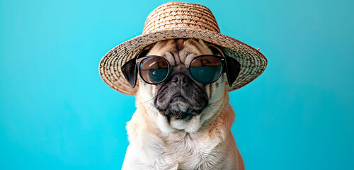 Happy pug dog wearing sunglasses and a hat over blue background. Promotion banner with empty space for text or product.