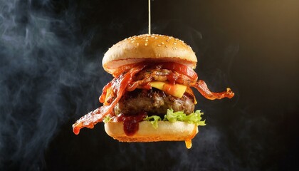 A smoky barbecue burger with crispy bacon and barbecue sauce, levitating with small drops of sauce suspended around it, set against a dark smoky background for a grilled effect