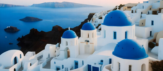 A blue and white building stands on a cliff, commanding a view of the vast ocean below. Summer travel concept