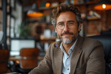 Attractive male entrepreneur sitting at a modern desk, using wireless technology for communication, a formal business setting