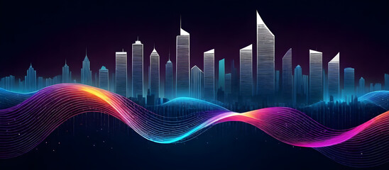 Smart city concept. An abstract depiction of a city skyline with a prominent wave in the foreground, blending urban and natural elements in a striking composition