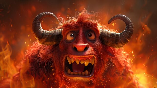 Angry yet comical devilish monster with oversized horns, baring teeth in a goofy grin, amidst a whimsical fiery setting