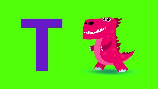 T letter big color like tyrannosaurus cartoon animation. Animal dino loop. Educational serie with bold style character for children. Good for education movies, presentation, learning alphabet, etc...