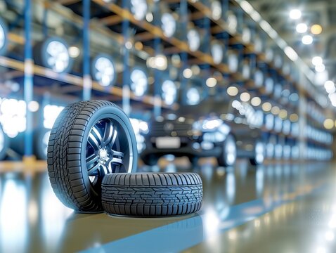 At an auto repair service center, four new tires are showcased against a blurred background, featuring a new car in stock blur indicative of the automotive industry