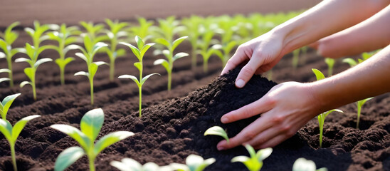 A person stoops over the dirt, hands dirty as they carefully plant small green plants into the soil