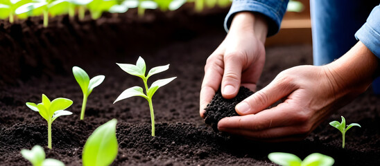 A person is kneeling down in dirt, carefully planting a green plant in a brown soil patch