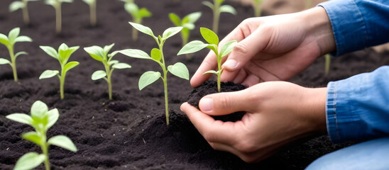 A person is kneeling down in the soil, planting a young tree with care and attention