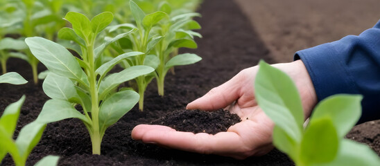 A persons hands hold a small pile of dirt, fingers digging into the soil