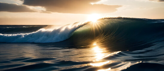The sun shines brightly on a wave in the ocean, creating a glistening reflection on the waters surface