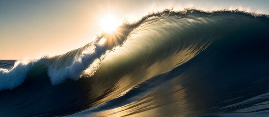 A large wave in the ocean with the sun setting behind it, creating a stunning silhouette against the colorful sky