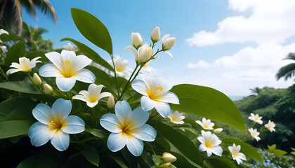 A cluster of white and yellow flowers blooming on the branches of a tree, showcasing the beauty of nature in full bloom