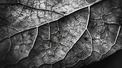 A black and white macro photo of a decaying leaf, showcasing the intricate network of veins and the delicate breakdown of its structure. 
