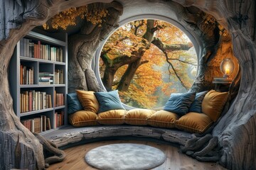 Enchanted book nook bathed in the golden glow of fall, where nature and literature intimately intertwine - obrazy, fototapety, plakaty