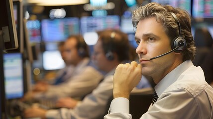 On a busy trading floor, a group of stock traders were sitting at their desks, attentively in front of their computer screens. - obrazy, fototapety, plakaty