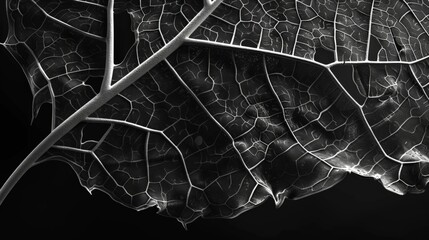 A black and white macro photo of a decaying leaf, showcasing the intricate network of veins and the delicate breakdown of its structure.  - obrazy, fototapety, plakaty