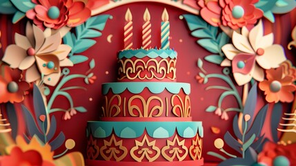 A celebratory papercut design for a birthday card, featuring a layered cake with intricate patterns and candles.   - obrazy, fototapety, plakaty