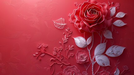 A celebratory papercut design for a Mother's Day card, featuring a single, layered papercut rose with intricate details and a delicate message of love, crafted from red and white paper.  
