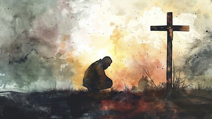 watercolor painting of a person kneeling at the foot of a large wooden cross - obrazy, fototapety, plakaty